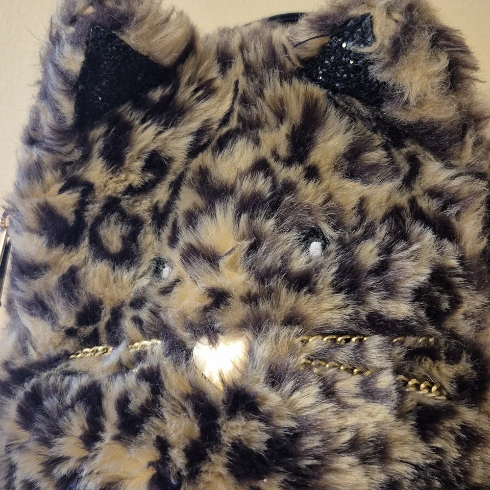 Children's Place Cat Face Leopard Print Faux Fur Mini Backpack